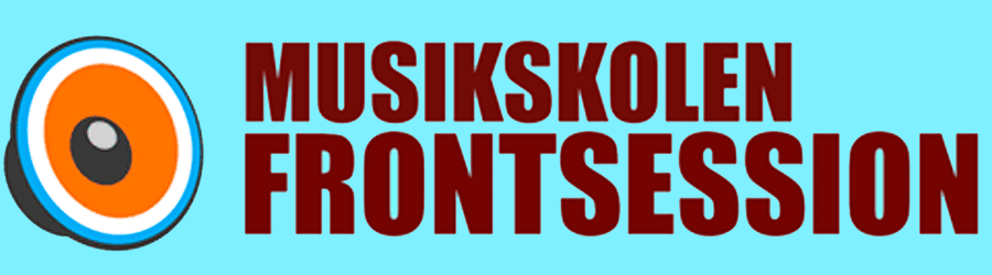 Det originale logo dagshøjskolen Frontsessions originale website. Forestiller en højtaler i blå, hvide og orange farver. Desuden er navnet Musikskolen Frontsession også implementeret