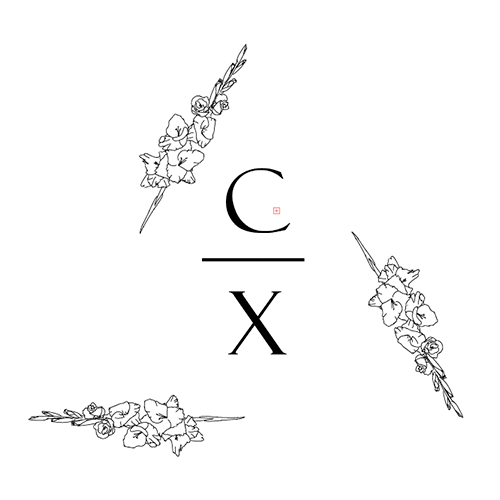 Et forsøgsresultat af et logodesig. Forstiller bogstaverne C og X omgivet af tre gladiolus-stilke.